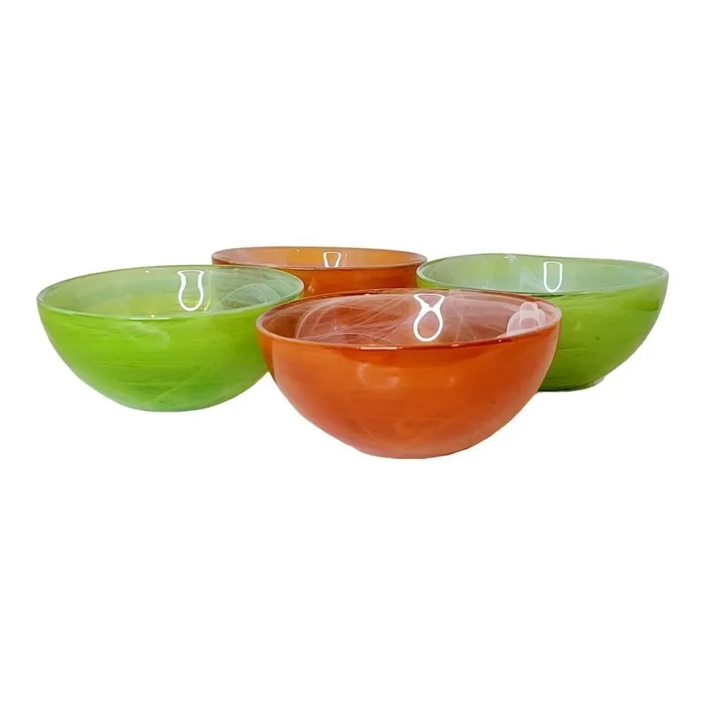 Set of 4 Vtg Floral‎ Debi Lilly Recycled Green Orange Glass Bowls With Swirls